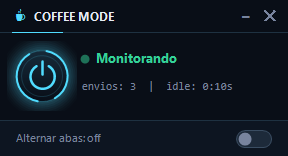 Coffee Mode ativo: botao com aneis em ciano, status e contador de envios